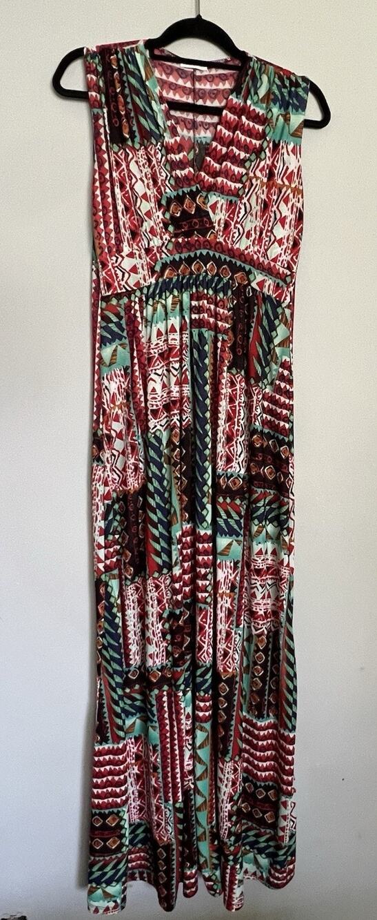 Cache Dress‎ Size Small Patchwork Knit Maxi Vintage Y2K Resort Summer V Neck